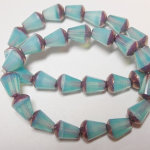 15 Aqua Blue Opal with Bronze Czech Glass Faceted Teardrop Beads 8x5mm