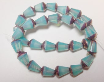 15 Aqua Blue Opal with Bronze Czech Glass Faceted Teardrop Beads 8x5mm