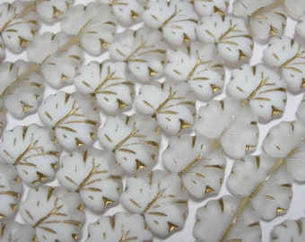 12 beads - Matte Crystal White with Gold Czech Glass Maple Leaf Beads 11x12mm