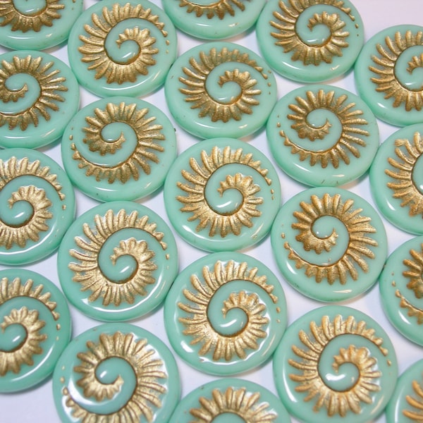 6 - 18mm Turquoise with Gold Fossil Snail Shell Swirl Spiral Coin Czech Glass Beads