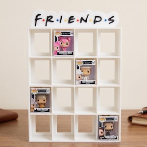 Présentoir Bitty Pop Friends | Étagère pour 16 figurines | Vitrine blanche avec logo FRIENDS | Présentoir 3D Funko Bitty pour collectionneurs