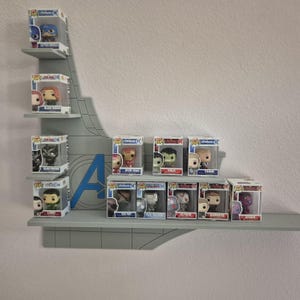 Peut inclure: Une étagère murale grise avec un logo Avengers bleu et blanc. L'étagère est remplie de figurines Funko Pop de personnages des films Avengers, notamment Captain America, Black Widow, Iron Man, Hulk, Thor, Loki, War Machine, Hawkeye et Vision.