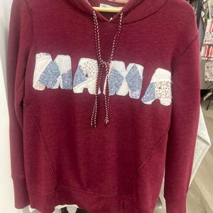 Small Mama Pullover Hoodie – Upcycled Cottagecore Vintage Quilt Appliqué, One-of-a-Kind Embroidered Sweatshirt, Gift for Mom or Grandma