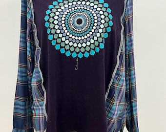 Upcycled Mandala Flannel Shirt: Oversized Sustainable Fashion (XL-2X)