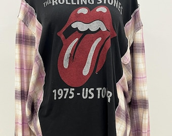 Upcycled Oversized Rock Band Flannel Shirt: Sustainable Grunge Fashion XL