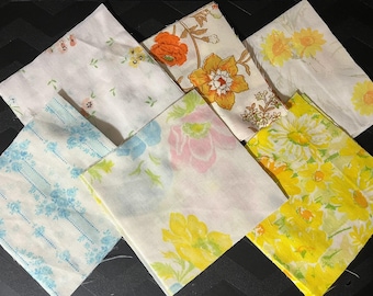 Vintage Linen Fabric Squares: Floral Upcycled Cotton Scraps, 6" Charm Pack