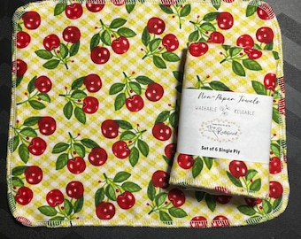 Reusable Non-Paper Towels: Handmade Washable Cotton Flannel Cloths - Set of 6, Fruit & Veggie Prints