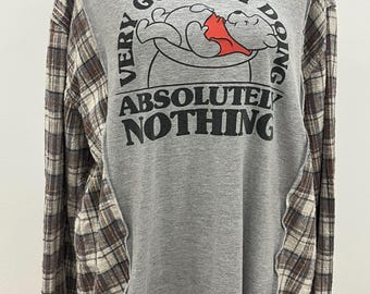 Upcycled Cartoon Bear Flannel Shirt: Oversized Grunge Style (M-XL Fit)