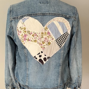 Upcycled Denim Jacket: Vintage Quilt Patchwork Appliqué - Size Medium