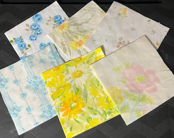 Vintage Floral Linen Fabric Squares, 60 Upcycled Quilt Scraps
