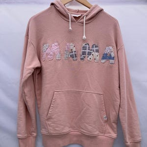 Small Mama Pullover Hoodie – Upcycled Cottagecore Vintage Quilt Appliqué, One-of-a-Kind Embroidered Sweatshirt, Gift for Mom or Grandma