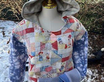 One-of-a-Kind Vintage 1970s Character Fabric Upcycled Hoodie XL