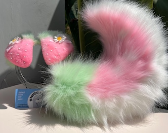 Pastel Strawberry Puppy Ears & Tail Set: Faux Fur Cosplay, Removable Bows, Halloween, furry convention