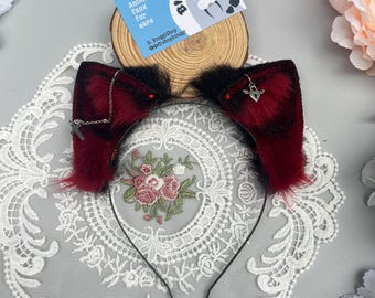 Black & Red Wine Vampire Cat Ears: Faux Fur Neko Cosplay, Halloween, furry convention