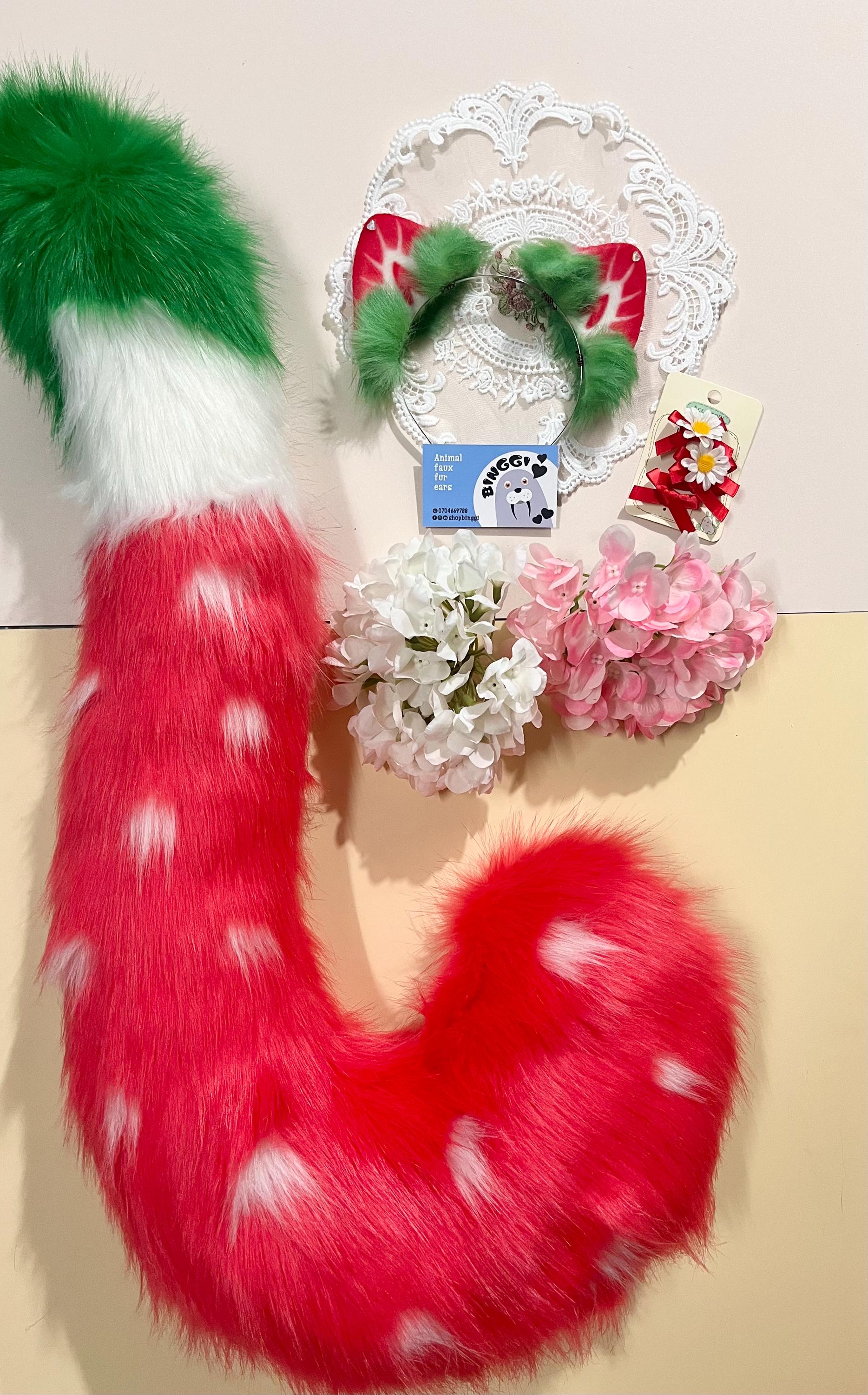 Strawberry Kitten Ears and Tail Set: Faux Fur Cosplay, Halloween, furry convention
