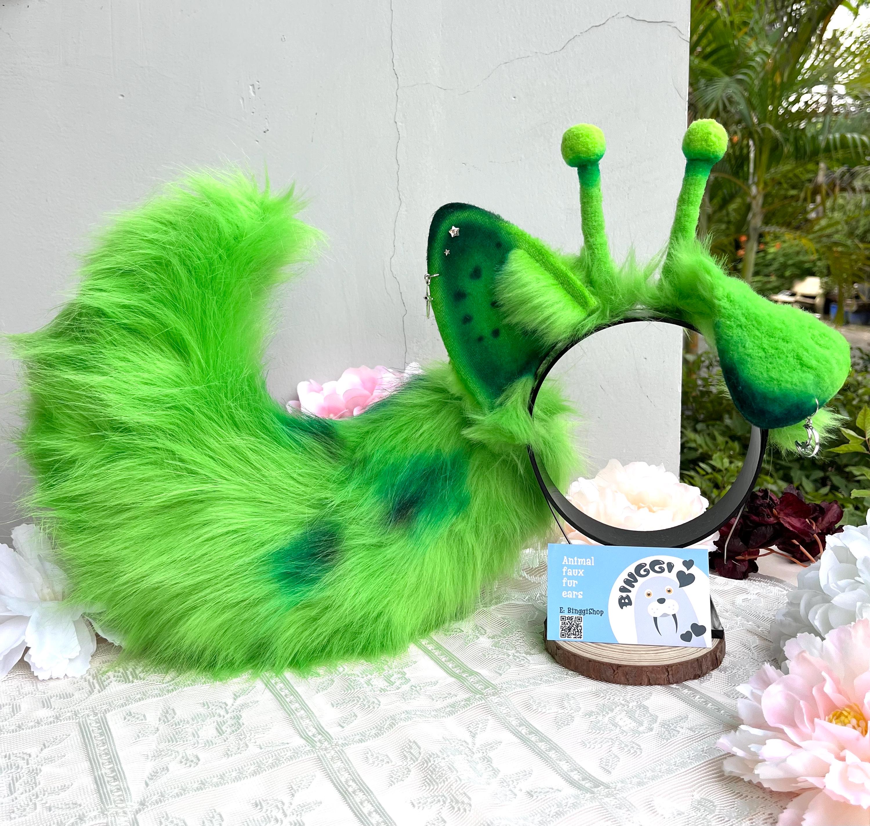 Green Faux Fur Alien Ears and Tail Set, UFO Cosplay Accessory