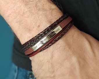 Leren Armband met Graveerplaatje, Gepersonaliseerd Cadeau voor Hem, Handgemaakte Armband, Vaderdag Cadeau, Persoonlijk Geschenk voor Mannen