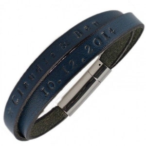 Leather Bracelet with Engraved name or text, handmade and personalized. Gift with engraving for men, Gift for Men Blue