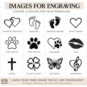 Puede incluir: Una cuadr&iacute;cula de dieciocho iconos en blanco y negro para grabado, que incluye corazones, pies de beb&eacute;, s&iacute;mbolos de infinito, huellas, labios, anillos, un &aacute;rbol, una cruz, un tr&eacute;bol, una mariposa, una nota musical y un s&iacute;mbolo yin yang.