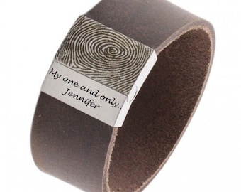 Leather Bracelet With Stainless Steel Clasp and Fingerprint Engraving- Personalized Bracelet. Remembrance jewelery