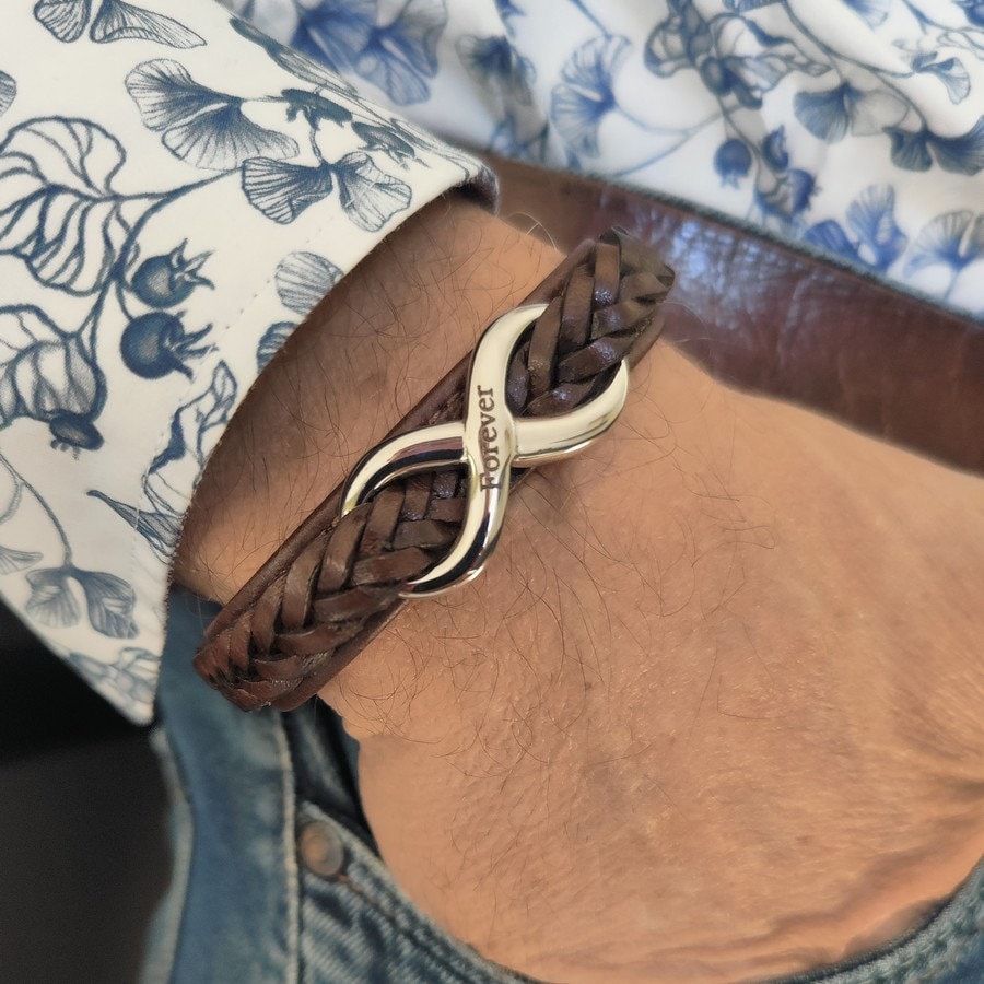 Men's Brown Leather Bracelet, Men's Infinity Bracelet, Men