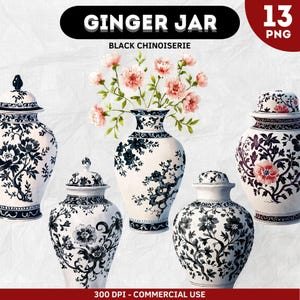 Ensemble de pots à gingembre noirs PNG, chinoiserie noire aquarelle, clipart vase vintage, art journal créatif, téléchargement instantané