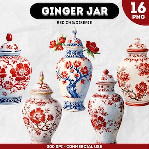Pot à gingembre chinoiserie rouge, clipart pot à gingembre PNG, clipart vase, art journal créatif, téléchargement instantané