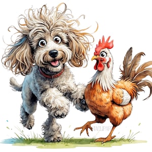 Chien et poule excentrique et échevelé, clipart fantaisie, art numérique, kit numérique, cartes faites main, journal créatif, téléchargement