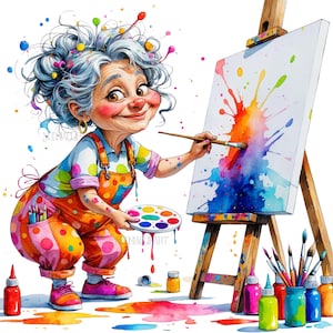 Mamie qui fait de la peinture, clipart de jardinage, clipart de grand-mère, art numérique, scrapbooking, téléchargement instantané