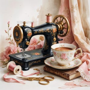 Clipart couture et café, café JPEG, couture JPG, clipart machine à coudre, images vintage pour scrapbooking, cottagecore, imprimable vintage