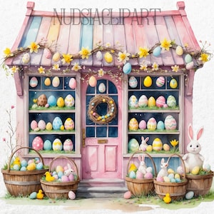 Clipart boutique oeuf de pâques, clipart boutique café imprimable, aquarelle pâques à imprimer cottagecore