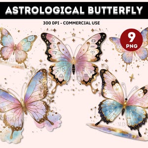 Papillon céleste du zodiaque avec signes astro, clipart astrologie mystique png, horoscope png, art ésotérique, imprimables sorcellerie