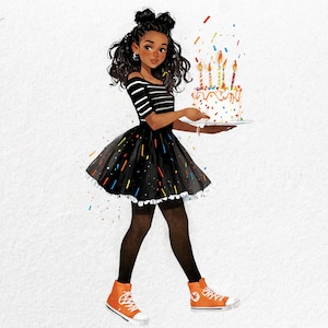 Cute 14th birthday black girl clipart, quirky birthday cake card clipart, retro birthday clipart digital art