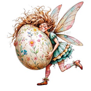 Fée excentrique avec oeuf de paques clipart, fée de paques PNG, fille fantaisiste, clipart scrapbooking fantastique, imprimable vintage