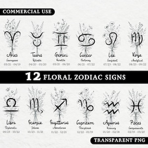 Signes du zodiaque avec fleurs clip art, print on demand astrologie, signes astrologiques, clipart horoscope PNG, téléchargement instantané