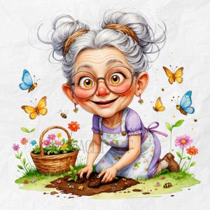 Grand-mère qui jardine avec des fleurs, clipart de jardinage, clipart de grand-mère, art numérique, scrapbooking, téléchargement instantané
