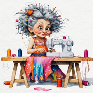 Oma Schneiderin Clipart, Nähmaschinen Clipart eines zerzausten schrulligen Mädchens, digitale Nähkunst Clipart für Scrapbooking oder DIY