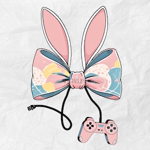 Noeud gaming de paques, noeud avec oreilles de lapin et manette de paques PNG, t-shirt mignon fille de paques, design gaming PNG