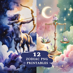 Signes du Zodiac illustration aquarelle, png horoscope, carte de tarot zodiac clipart, art ésotérique, illustration divination