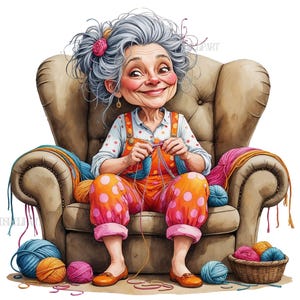 Imágenes prediseñadas de abuela tejiendo, imágenes prediseñadas de abuela despeinada y peculiar tejiendo, imágenes prediseñadas de arte digital de costura para álbumes de recortes o bricolaje