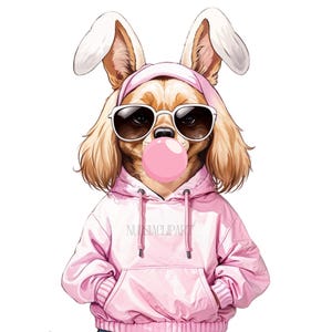 Chien drole faisant une bulle de chewing-gum, Paques rétro png, clipart chien de Pâques, clipart chien mignon, t-shirt lapin de Pâques,