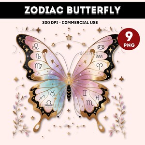 Papillon avec signes astrologiques, signes de l'horoscope png, art ésotérique, imprimables sorcellerie, téléchargement instantanné