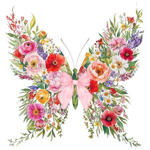 Papillon floral png, clipart de papillon de paques floral, fleurs de printemps png, design t-shirt printemps, aquarelle florale,