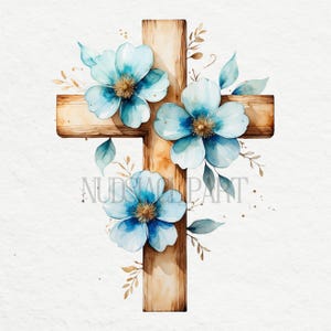Croix en bois de pâques clipart, design de croix avec fleurs, croix florale colorée PNG, imprimables cottagecore, art numérique de Pâques