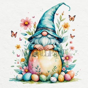 Gnome floral de Pâques clipart, gnome coloré PNG endormis sur design d'oeuf, clipart œuf de Pâques avec gnome arc-en-ciel PNG, cottagecore,