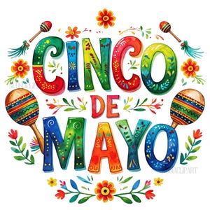 Lettrage cinco de mayo coloré clipart, festival mexicain png, design mexique png, art numérique, scrapbooking, téléchargement instantané