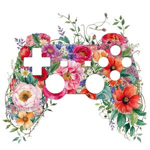 Manette de jeu coquette et florale png, clipart manette de jeu avec fleurs de printemps, design manette png, gamer coquette png,