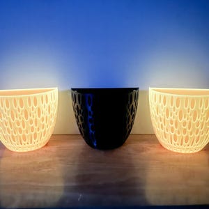 May include: Three decorative, semi-circular planters. Two are a light cream color, and one is black. All three have a textured, open-hole design. They are arranged on a wooden surface against a blue background, creating a modern aesthetic.