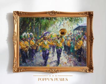 May include: A painting of a brass band marching down a street. The band is dressed in purple and gold uniforms and is playing instruments. The painting is in a gold frame and has the text "POPPY'S PEARLS" at the bottom.
