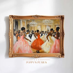 May include: A framed painting depicting a ballroom scene with a group of people in elegant attire dancing. The women are wearing long, flowing gowns in shades of pink, red, and white. The painting is set against a backdrop of a grand ballroom with chandeliers and ornate decorations. The text "POPPY'S PEARLS" is visible at the bottom of the painting.